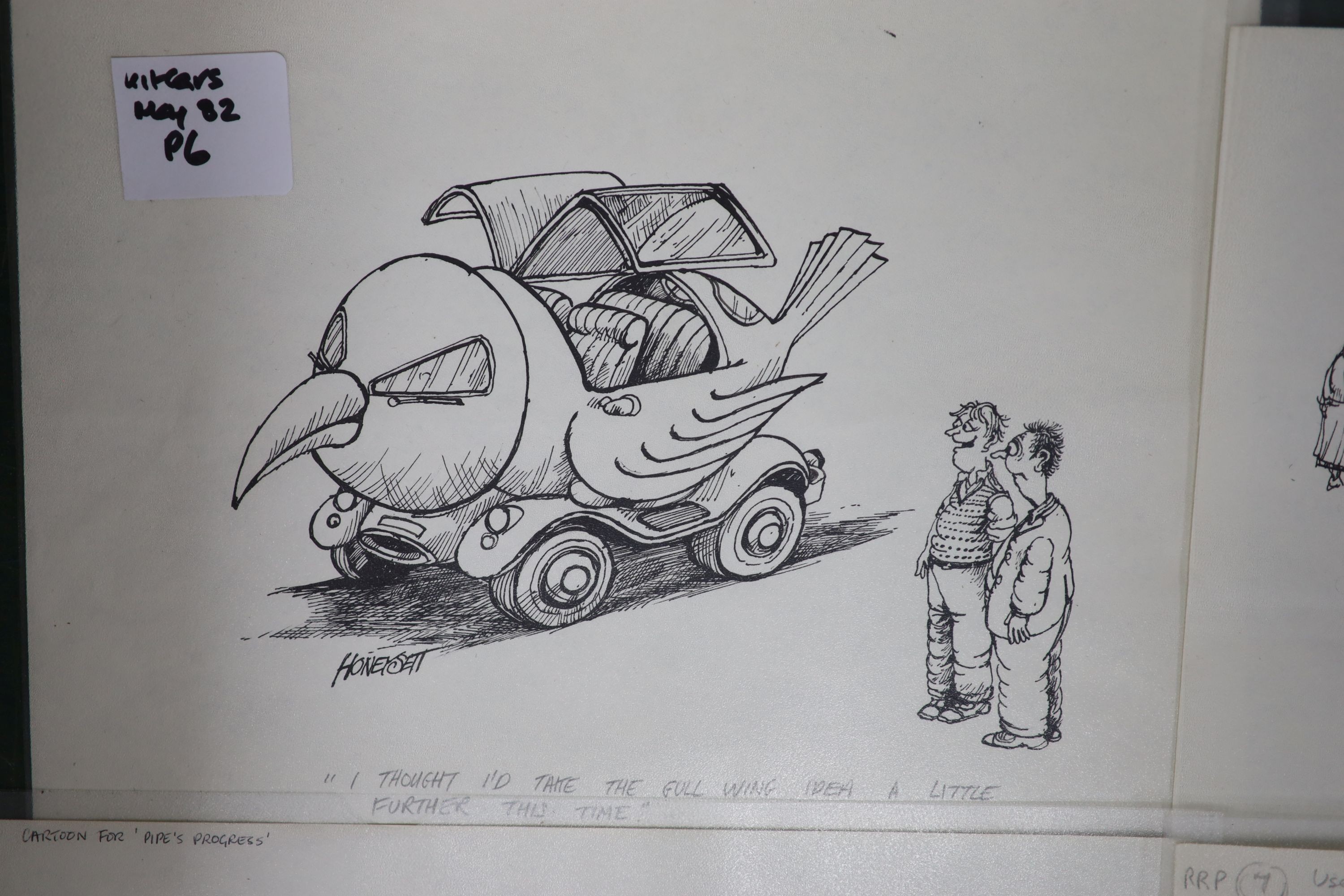 Martin Honeysett (b.1943-), four original cartoons, 'Ali Bakstreet Donkey Customising', 'Bonzo / Cindy', Gull Wing (published in Kitcars May 1982) and Eagle for 'Pipe's Progress', all signed, 20.5 x 30cm. unframed.